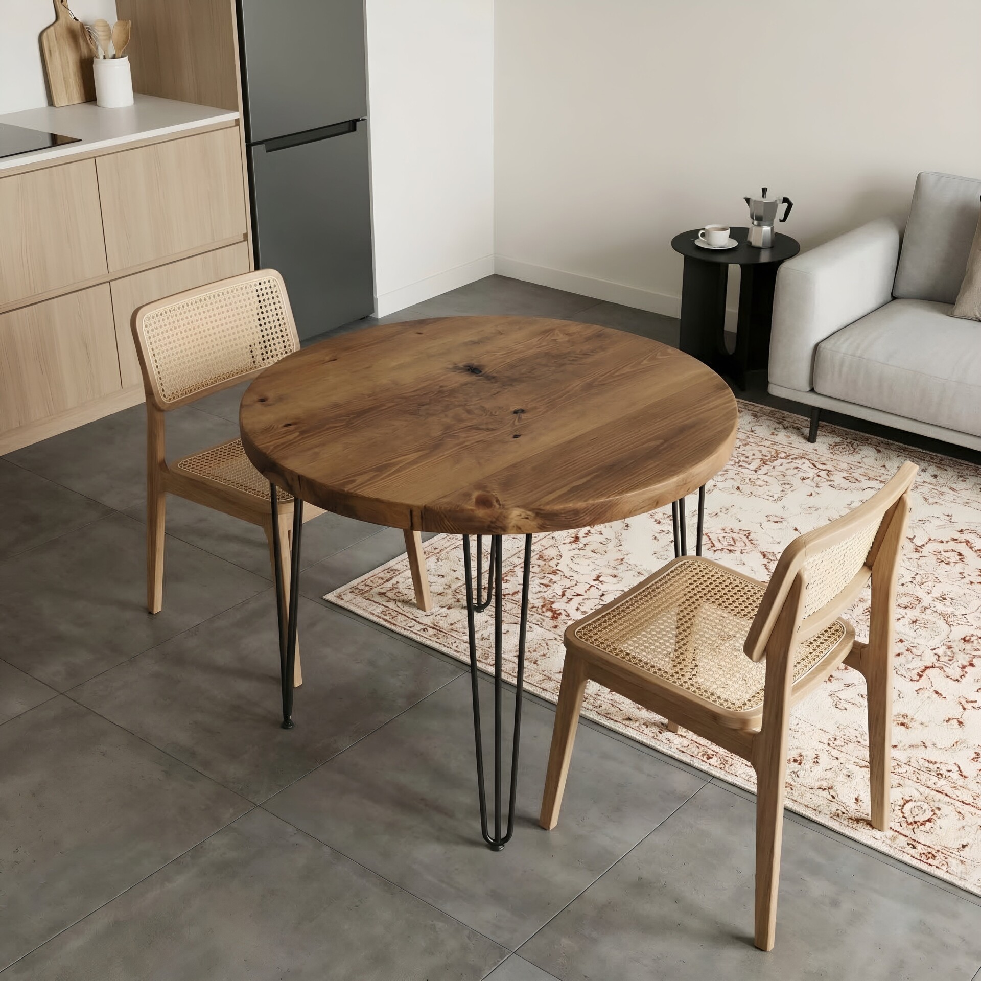 TIVIA Rustic Chunky Wooden Round Dining Table With Hairpin Legs - Ebony