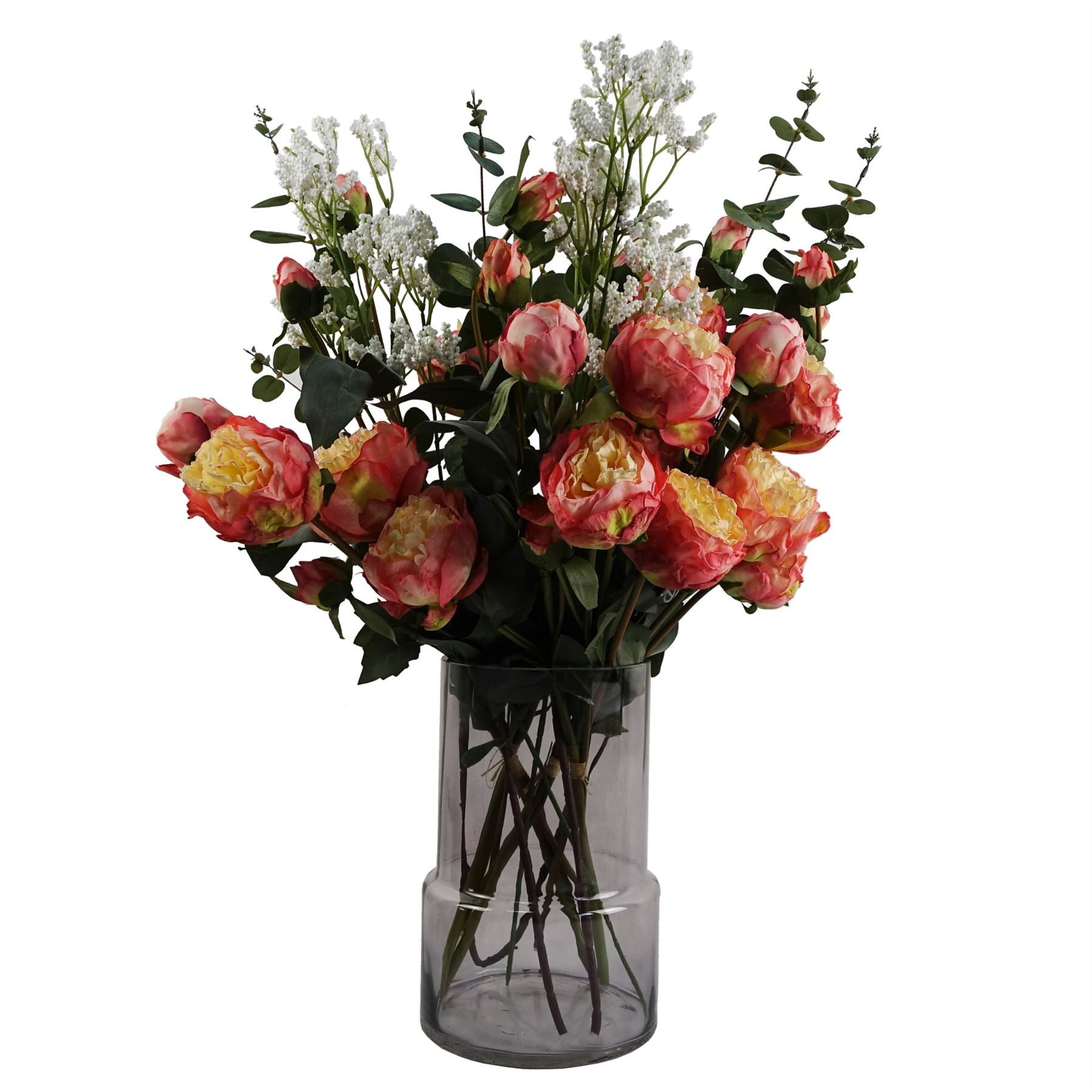 Smoke Grey Vase Pink Peonies and Artificial Eucalyptus