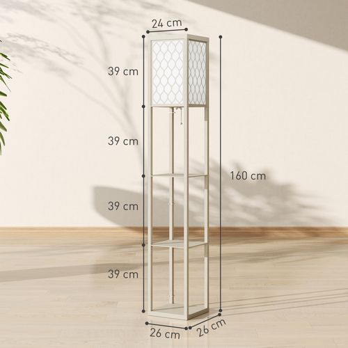 HOMCOM Modern Floor Lamp Light with Shelves Fabric Lampshade - Natural wood finish