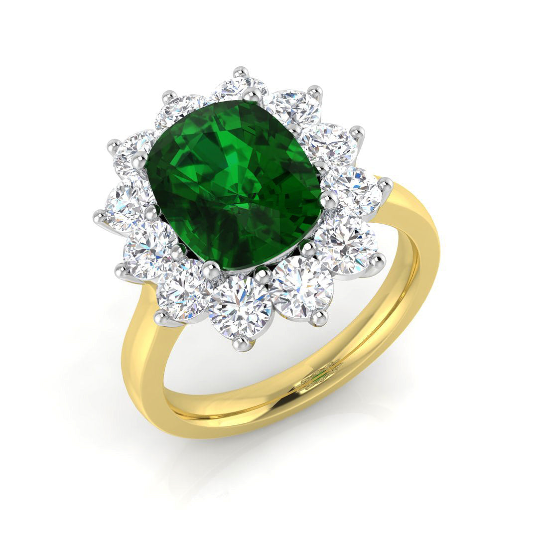 Cushion Cut Emerald Halo Ring with Round Natural Diamond Cluster Ring - k Yellow Gold Carat Lab-Grown-DVVS