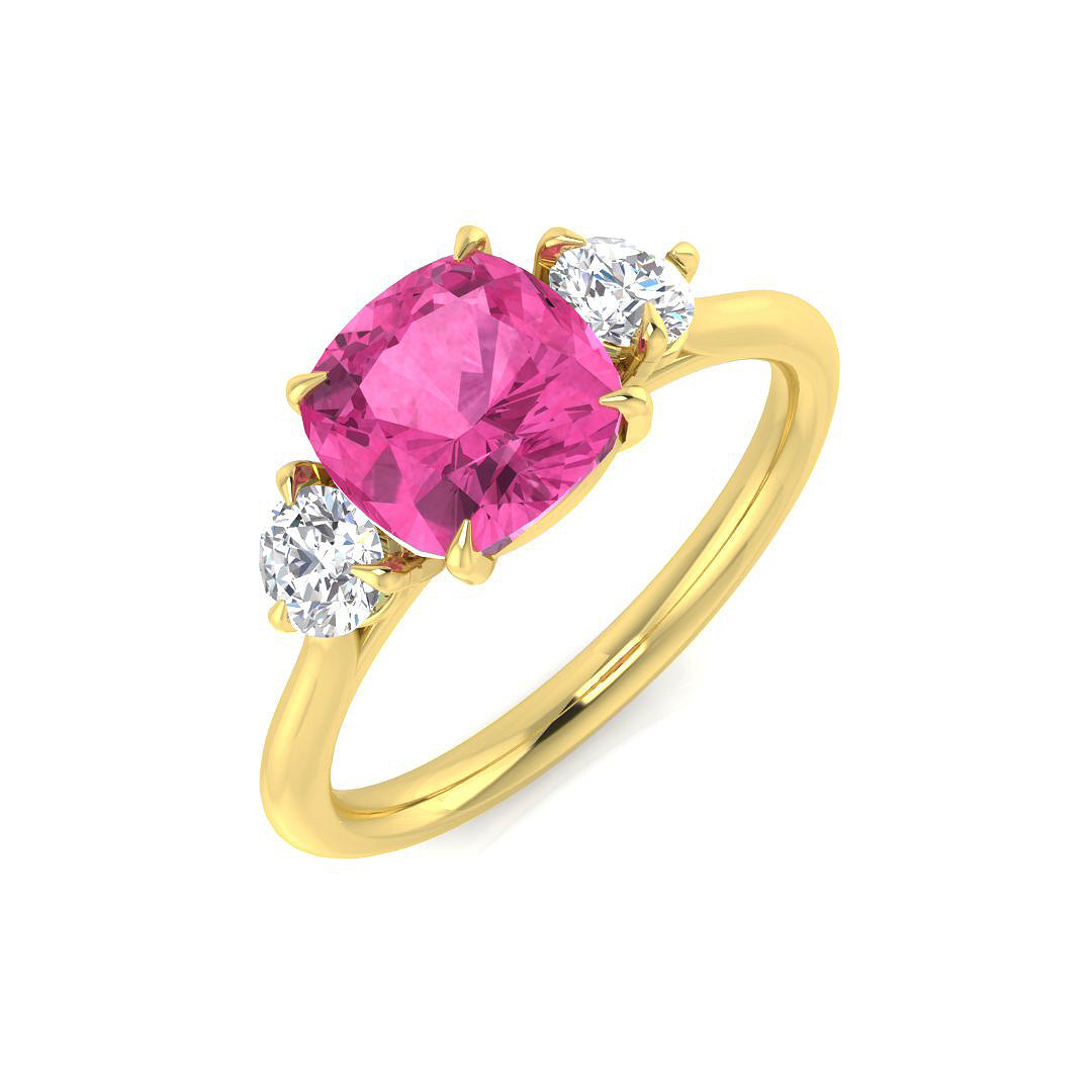 Cushion Cut Pink Sapphire Ring with Diamond Side Stones