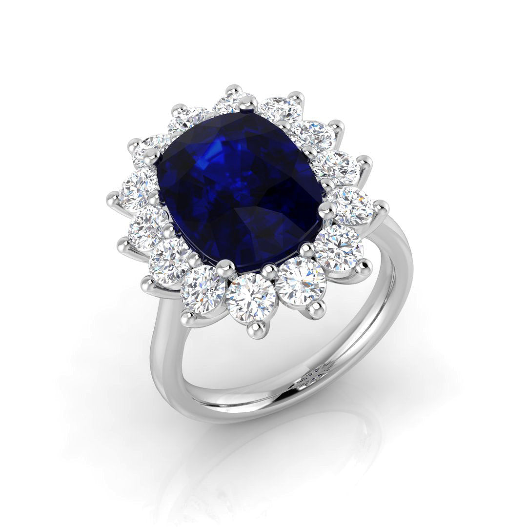 Blue Sapphire Cluster Ring in Cushion Cut with Natural Pave Diamond - Platinum . Carat Natural-FVS