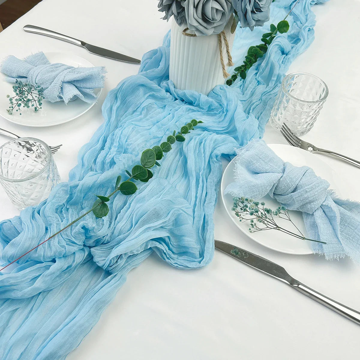 Semi-Sheer Gauze Table Runner Sage Cheesecloth Table Setting Dining Vintage Wedding Party Christmas Banquets Arches Cake Decor - Sky blue X