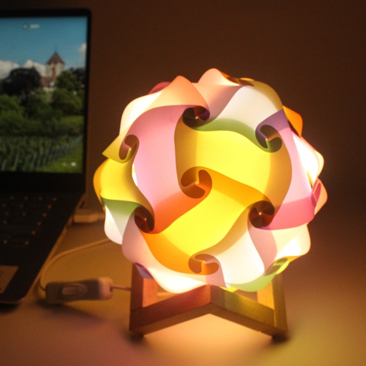 Creative Bedroom Bedside Night Light B Round Romantic Room Decoration Lamp with Wood Base, DIY Material Kit, Finished - Finished Product Colorful