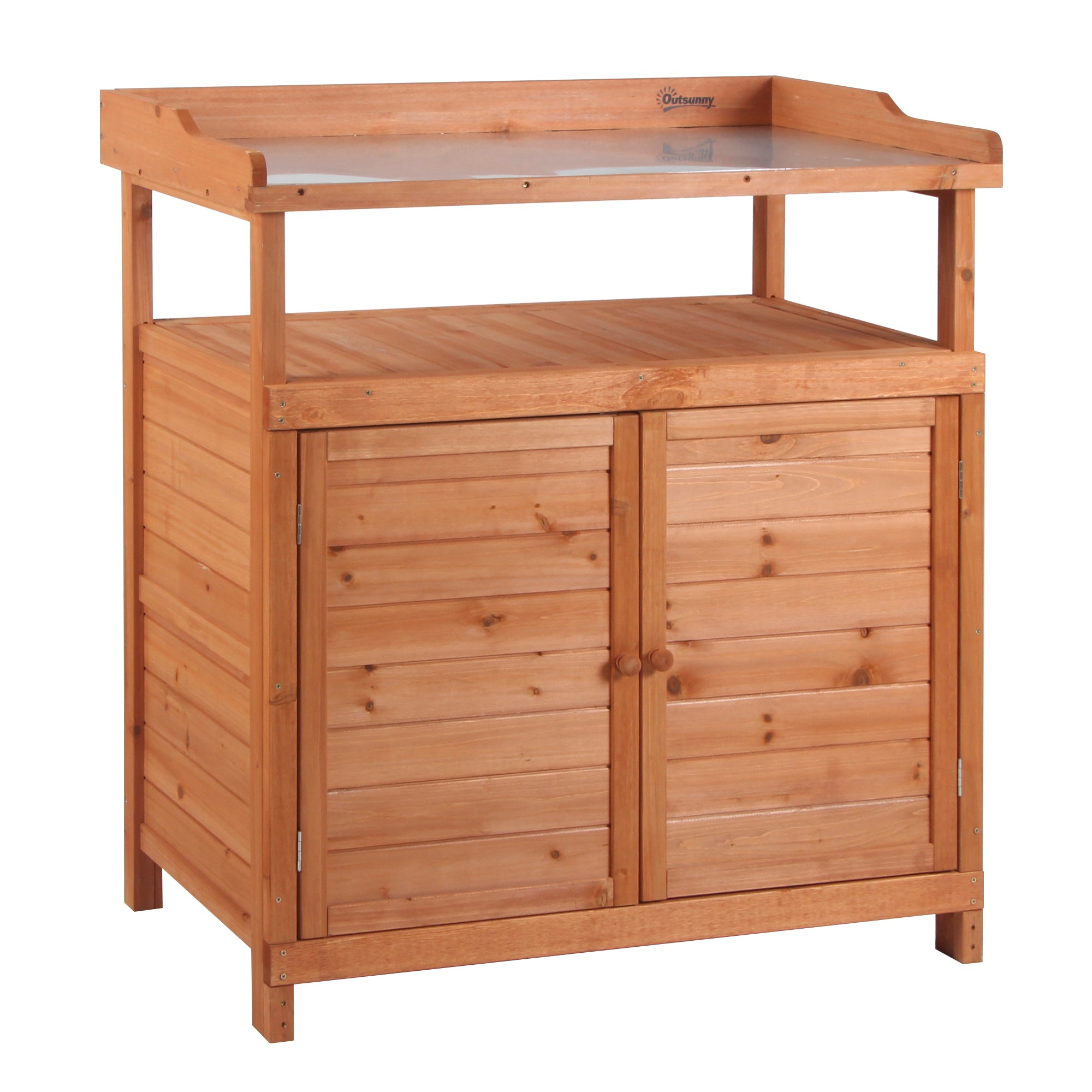 MCL Multi-function Potting Bench Table w Storage Cabinet and Galvanized Table Top, Wooden Planting Workstation, x x