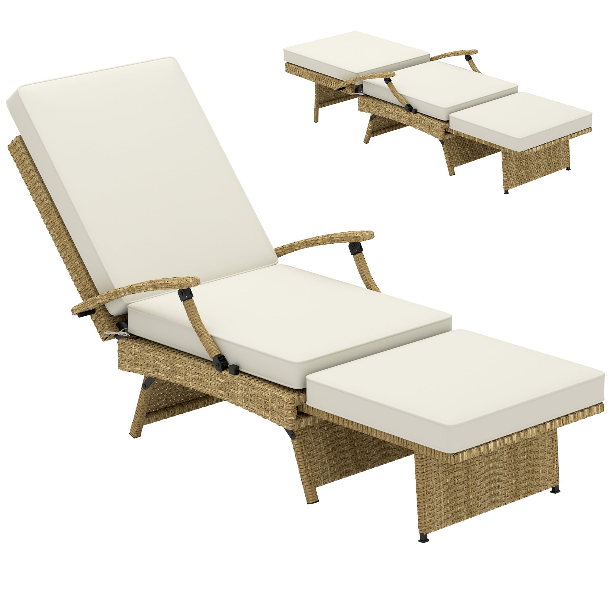 Outsunny Foldable Rattan Garden Recliner Chair w Cushion, Footrest