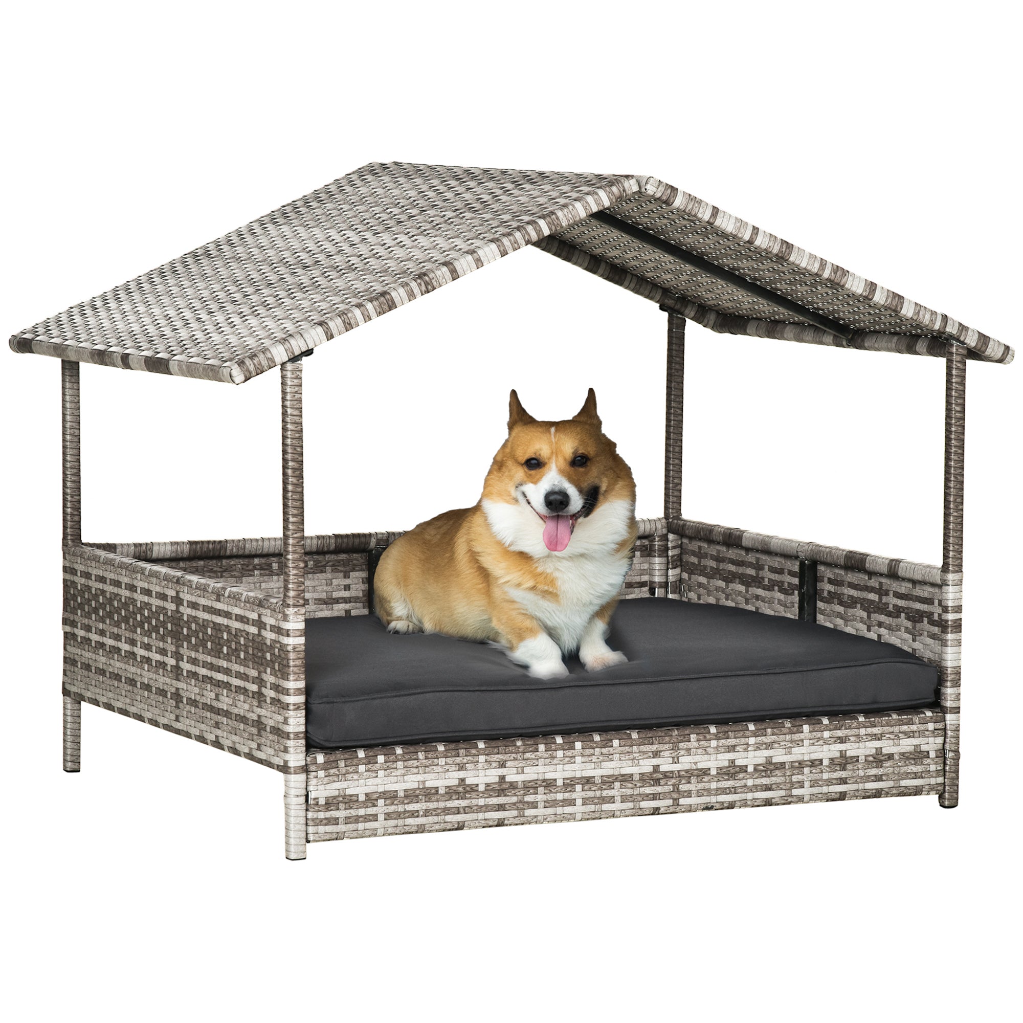 PawHut Wicker Dog House, Rattan Pet Bed with Soft Cushion
