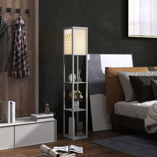 HOMCOM Modern Floor Lamp Light with Shelves Fabric Lampshade