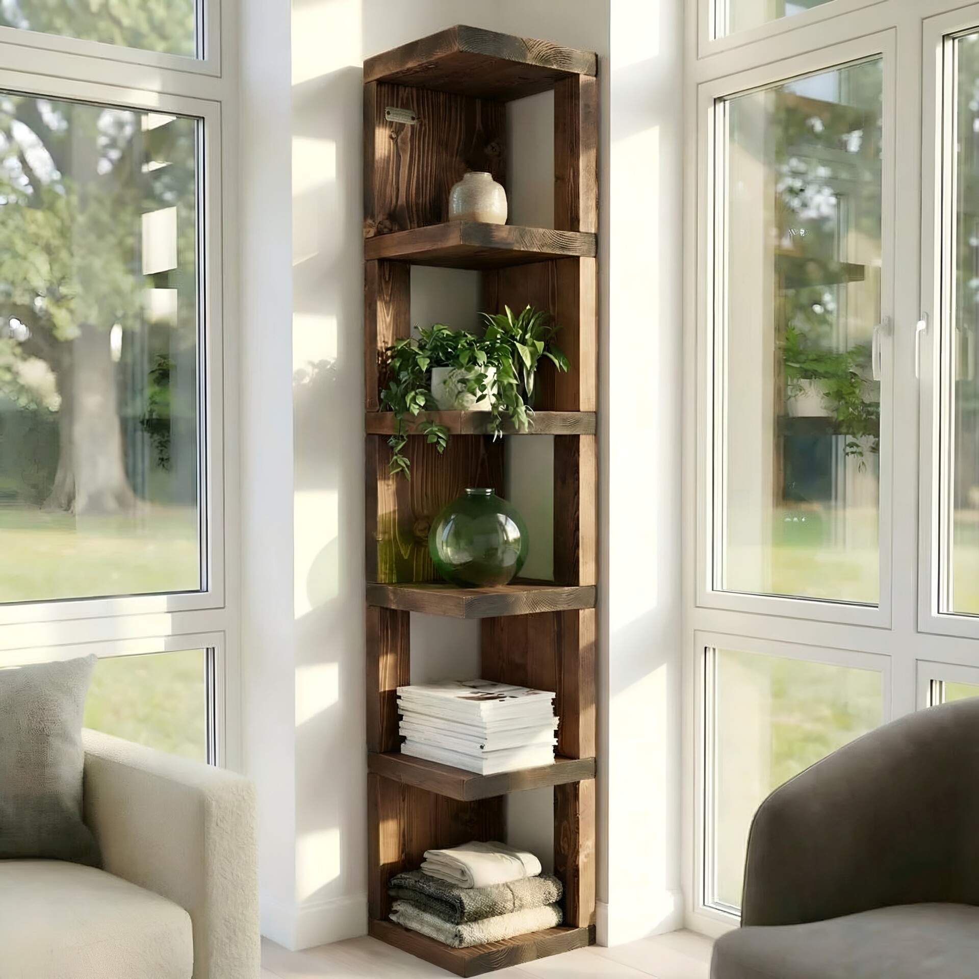 Valora Solid Wood Corner Bookshelf In Walnut Colour Natural Finish Open Bookcase, Rustic Scandinavian Design - Walnut Shelves