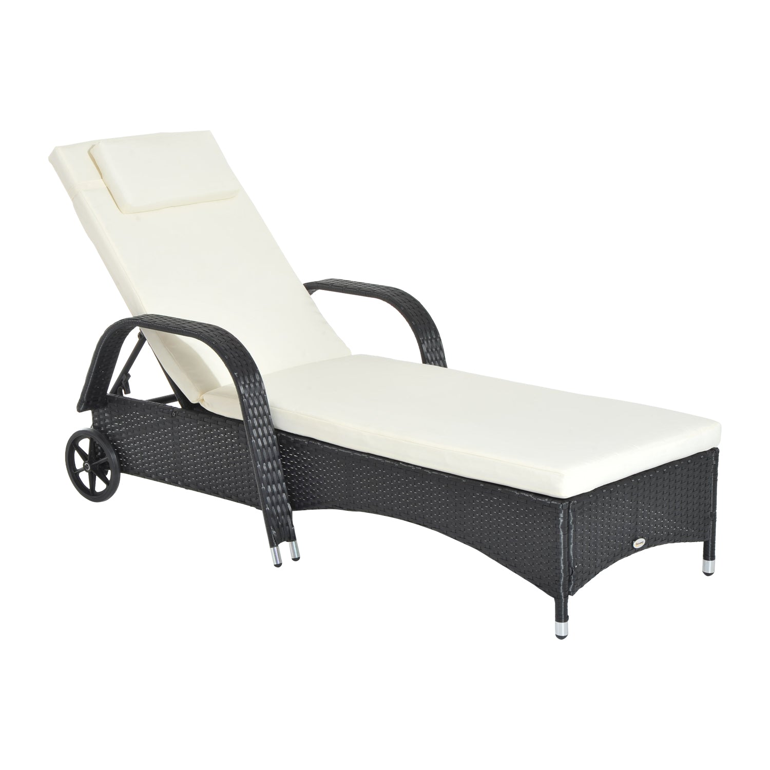 MCL Rattan Sun Lounger, Garden Lounger Recliner with Wheels and Adjustable Backrest, Outdoor Reclining Sunbed Garden Chair with Cushion and Headrest