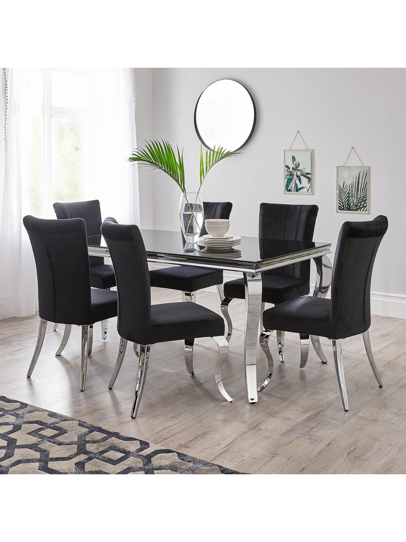 Grace Rectangle Dining Table + Chairs Black Chrome Modern Kitchen