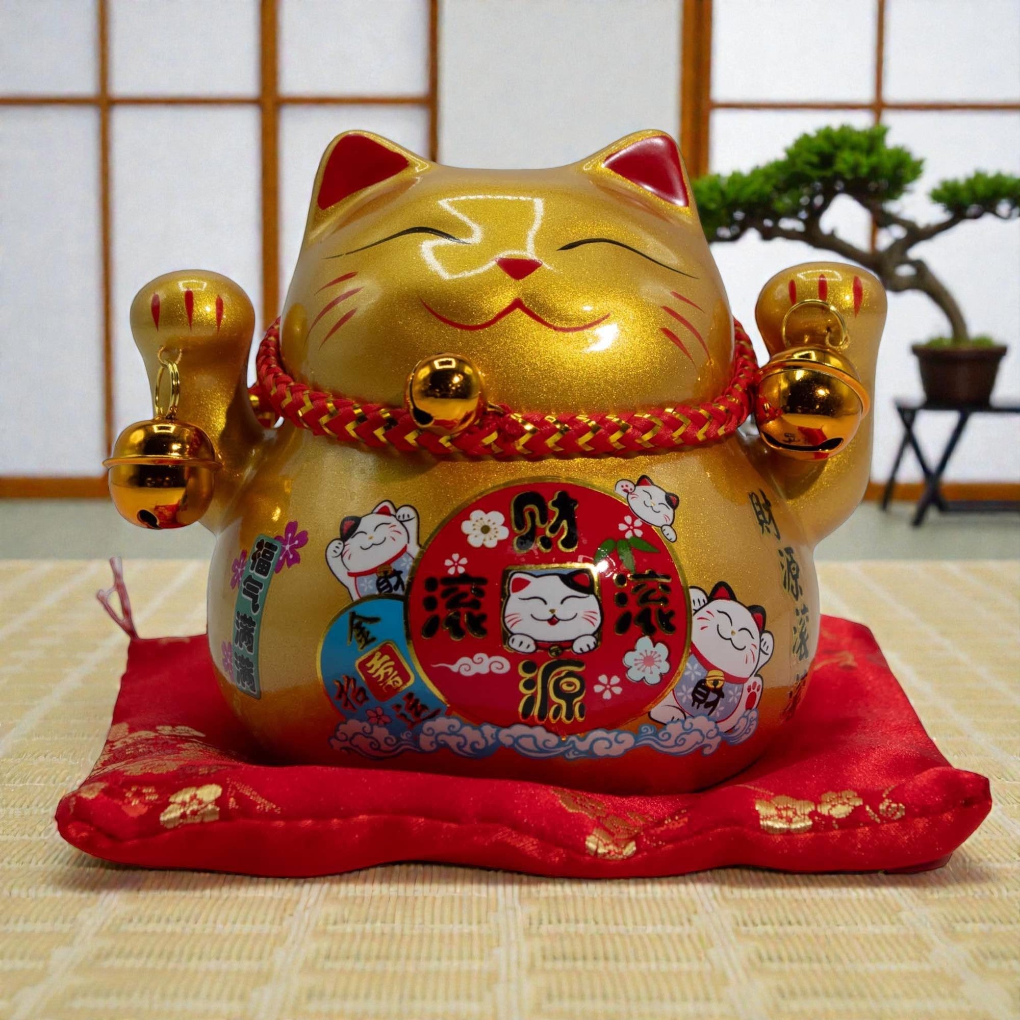 Ceramic Money Cat Bank Gold on Cushion