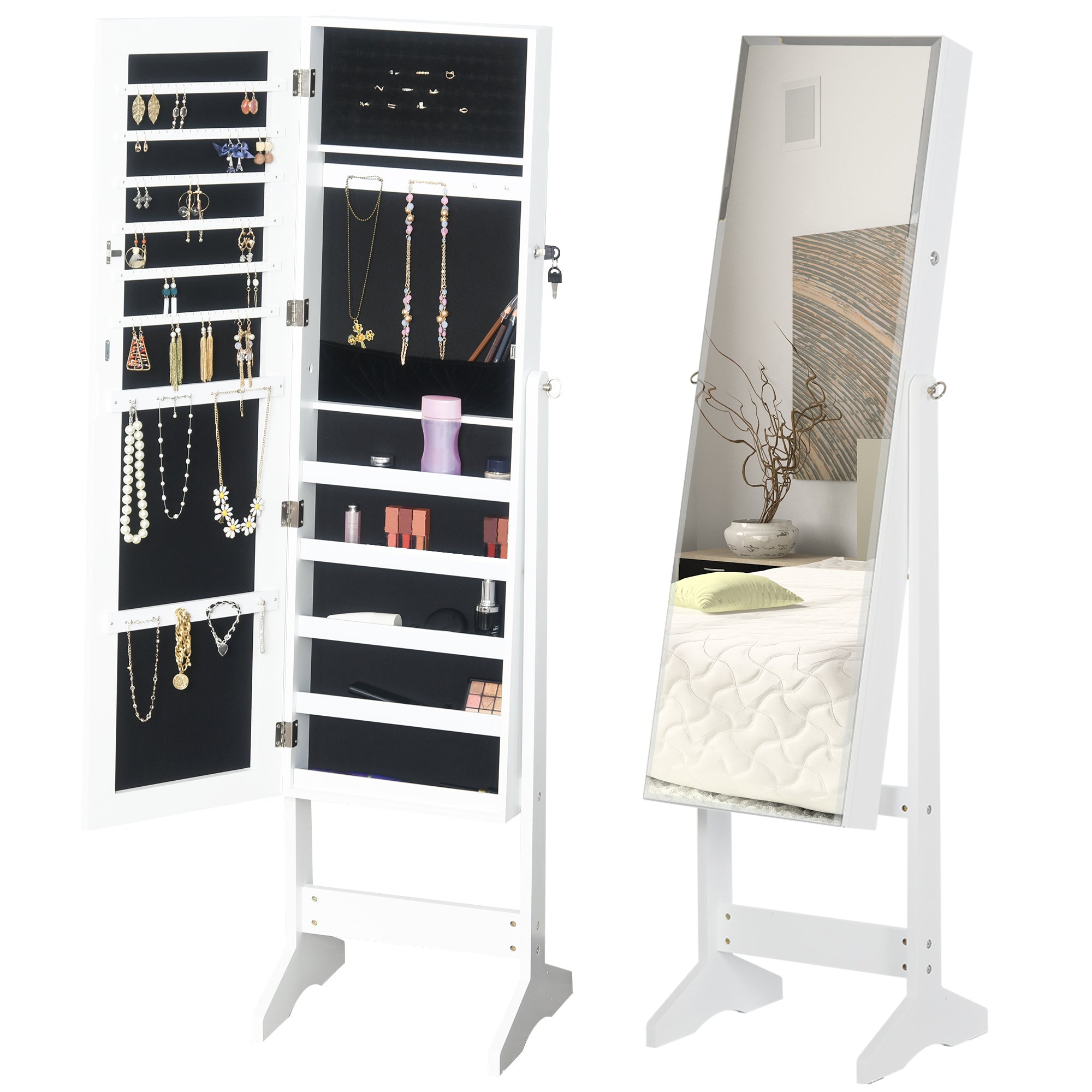 MCL Jewelry Cabinet Standing Mirror Full Length Makeup Lockable Armoire Storage Organizer White