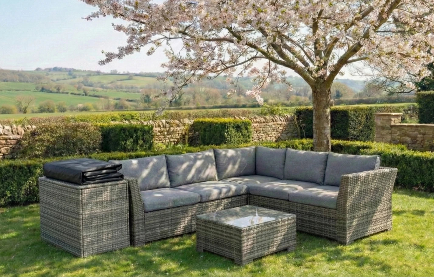 Chesterton Grey Seater Corner Rattan Garden Sofa Lounge Set, Cover and Cushion Box Bundle