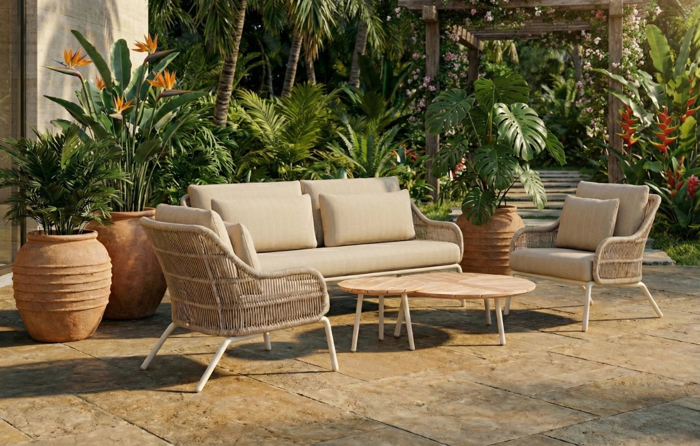 Cora -Seater Woven Rope & Aluminium Garden Sofa Set with Round Coffee Tables