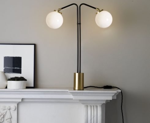 CTO Lighting Array Twin Table Lamp bronze with satin brass details and shiny opal glass - amp plug