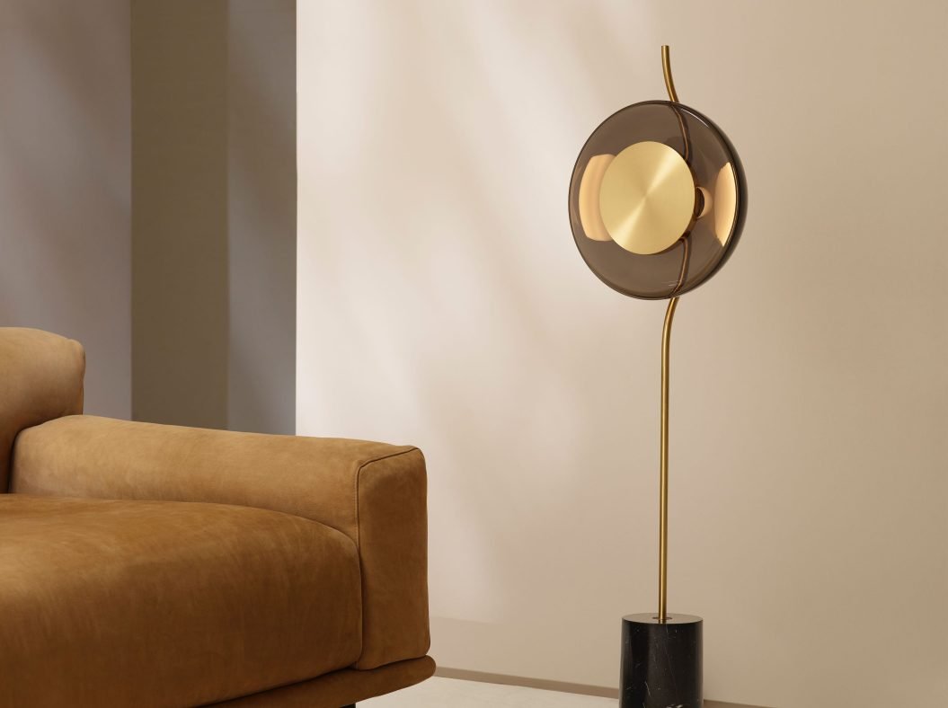 CTO Lighting Pendulum Floor Lamp bronze with smoked glass and nero marquina marble