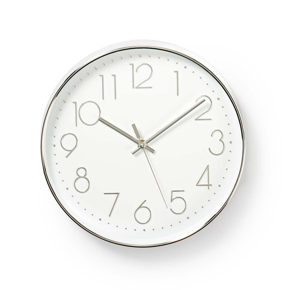 Nedis Wall Clock with Easy Read Numbers, Silent Movement, Battery Powered - Silver White