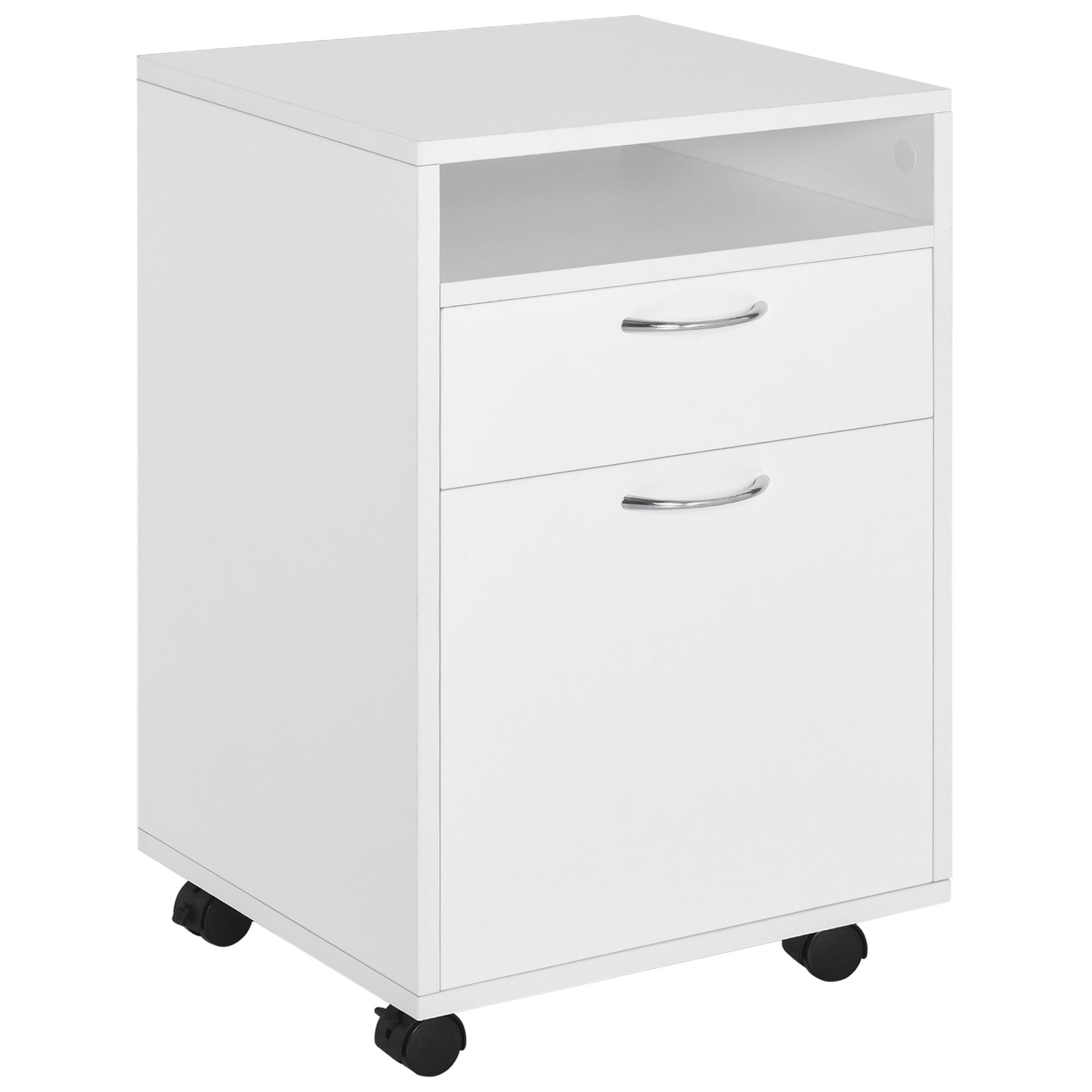 MCL Filing Cabinet with Drawer, Open Shelf, Metal Handles and Wheels, Office Home Organiser Mobile Printer, White