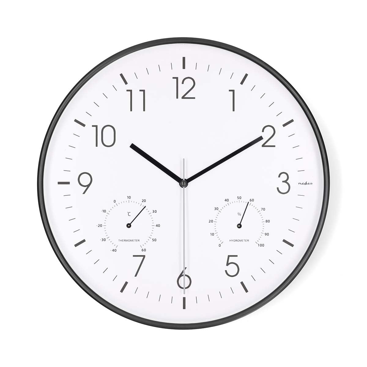 Nedis Wall Clock with Easy Read Numbers, Silent Movement, Thermometer, Hygrometer, Battery Powered