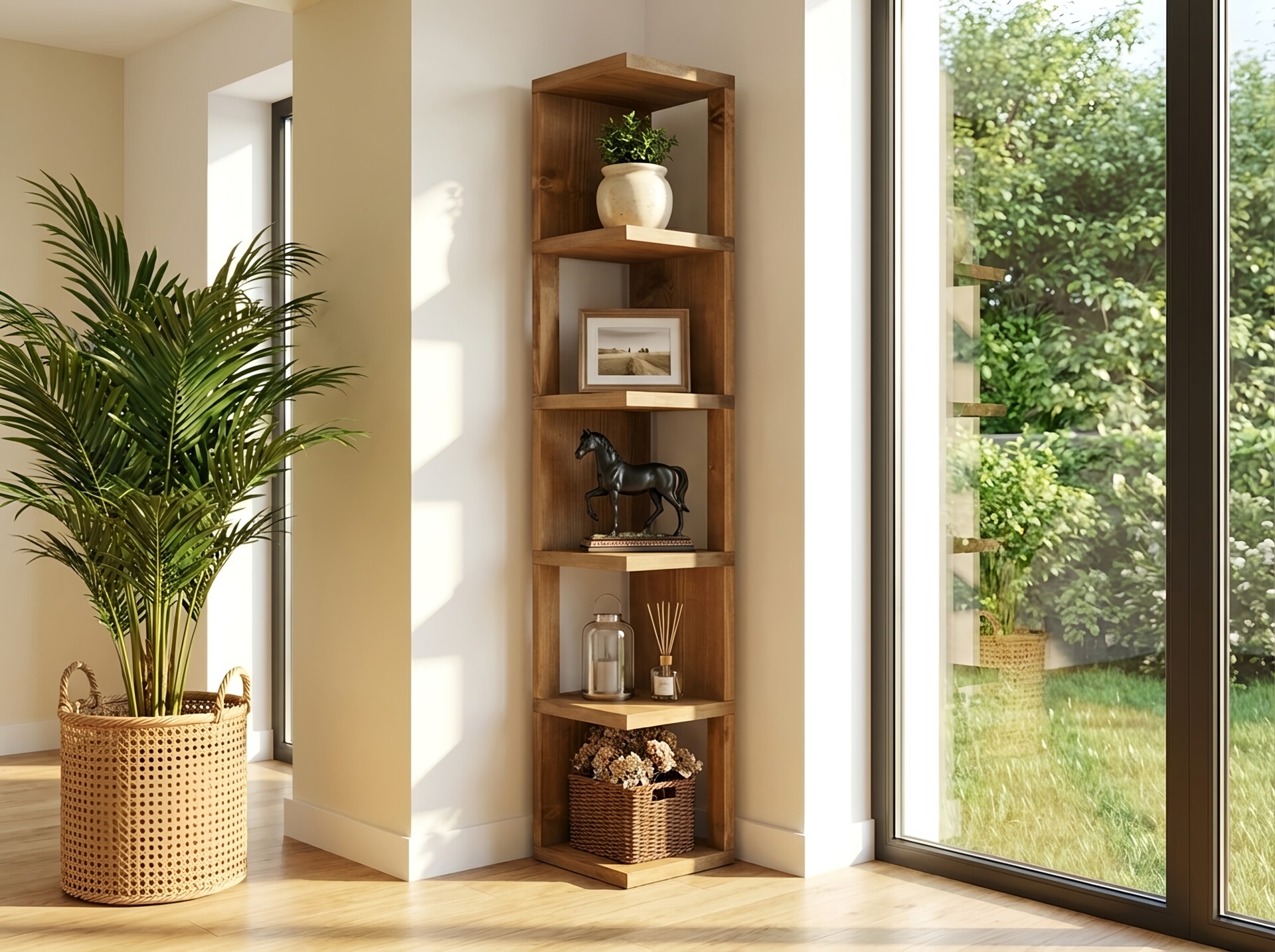 Valora Solid Wood Corner Bookshelf Natural Finish Open Bookcase, Rustic Scandinavian Design - Ebony Shelves