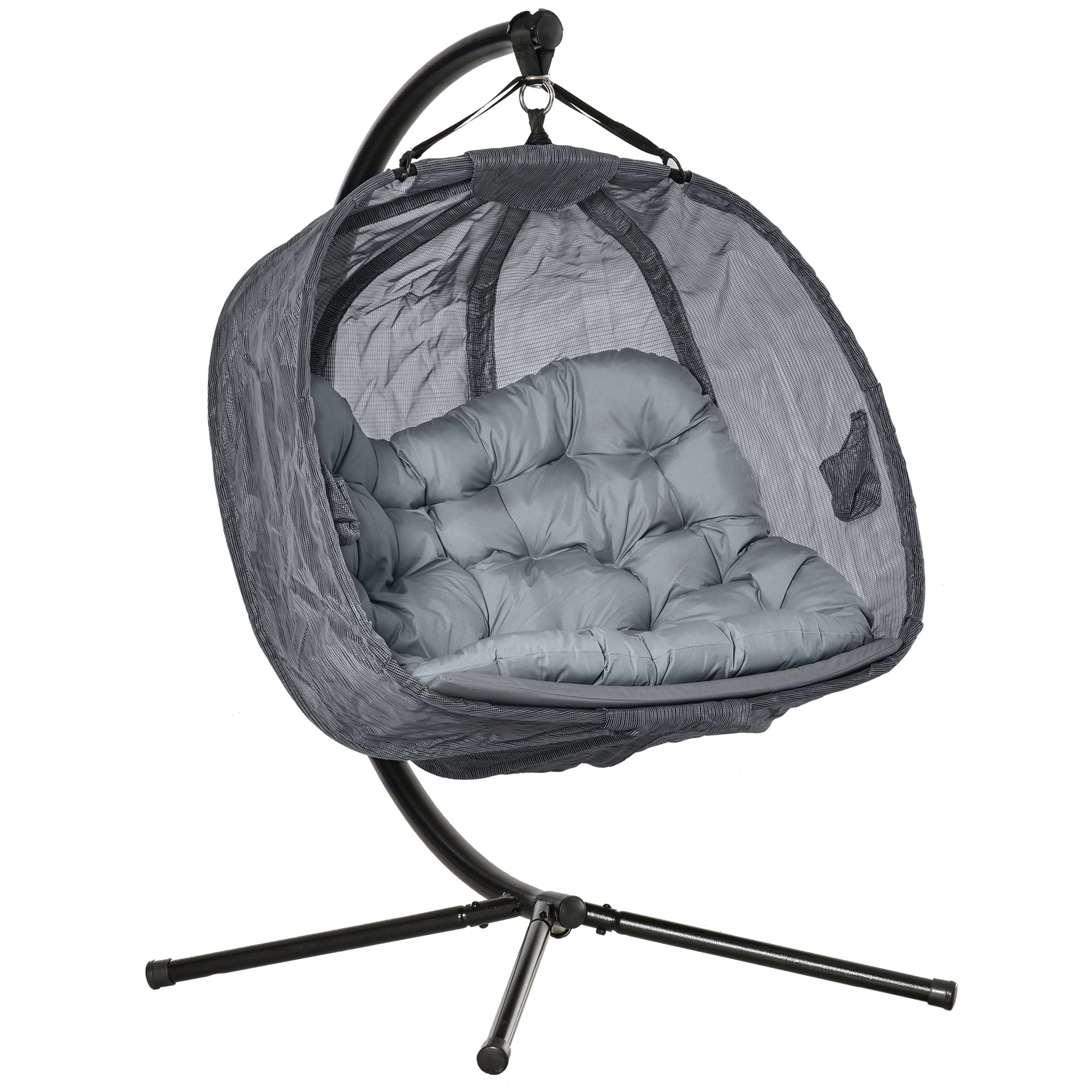 MCL Double Hanging Egg Chair Seaters Texteline Swing Hammock Chair with Stand, Cushion and Folding Design, for Indoor and Outdoor, Grey