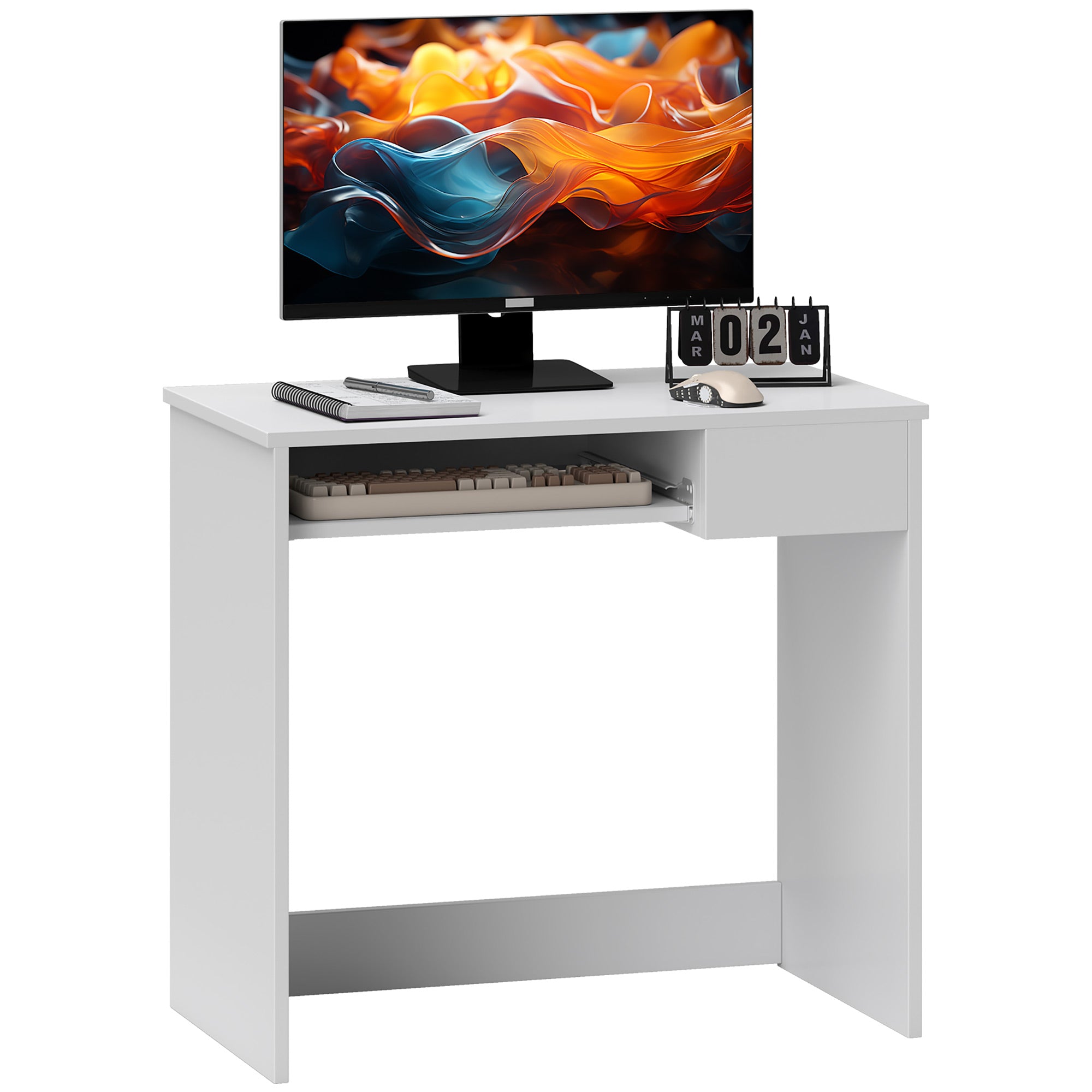 MCL Compact Computer Desk with Keyboard Tray, Home Office Desk with Drawer for Bedroom Study, White