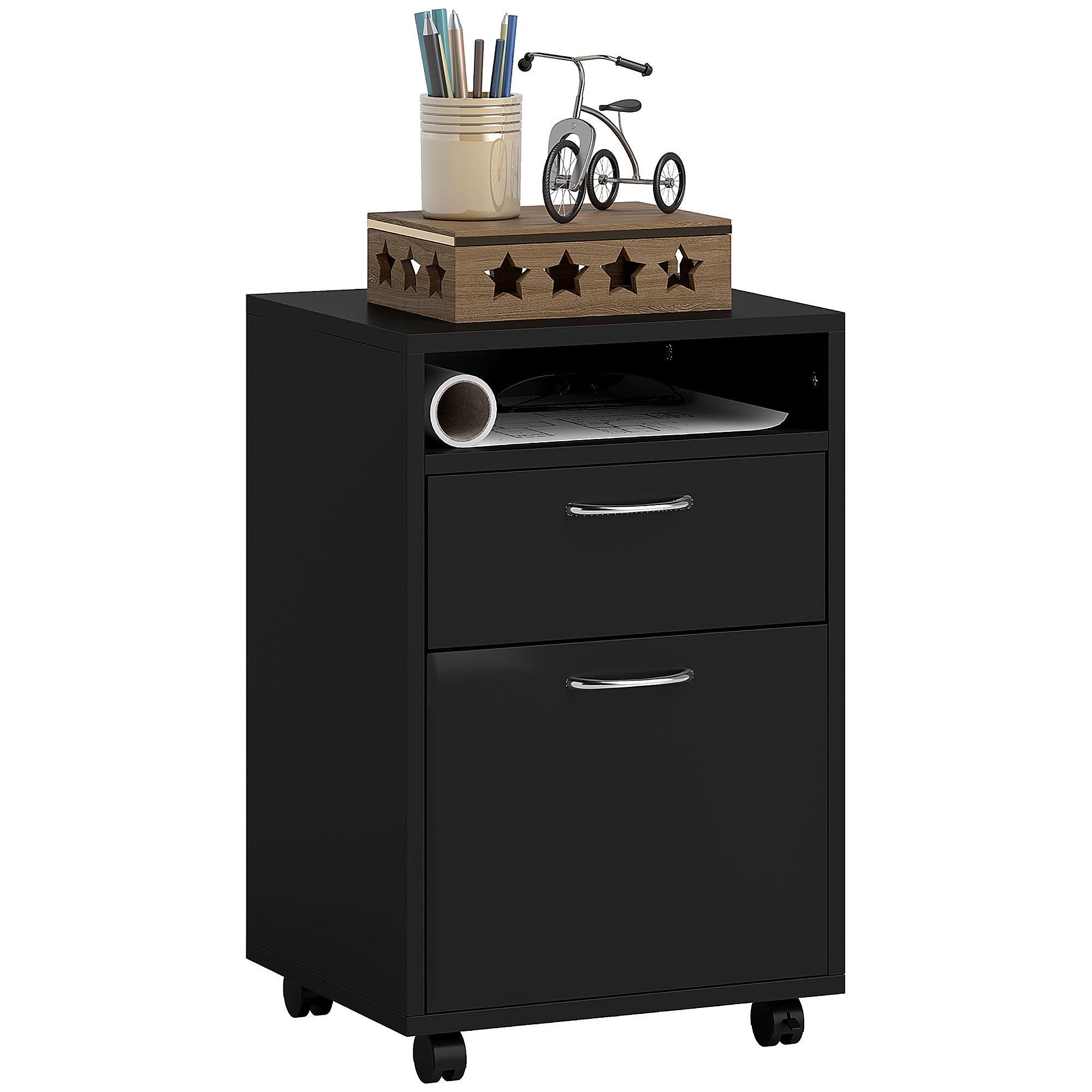 MCL Filing Cabinet with Drawer, Open Shelf, Metal Handles and Wheels, Office Home Organiser Mobile Printer, Black