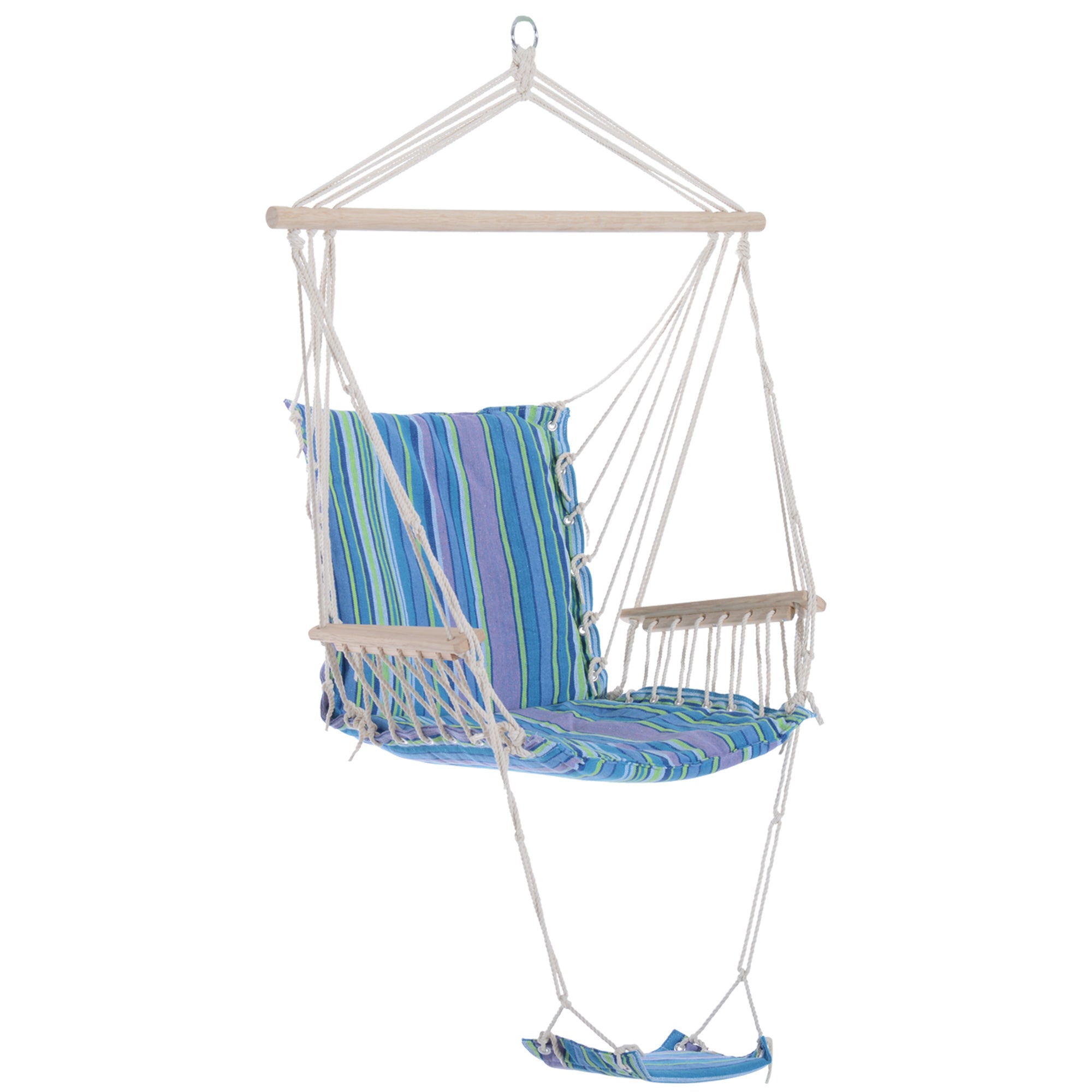 MCL Hanging Rope Chair with Soft Padded Seat & Backrest, Portable Garden Hammoc Chair with Wooden Support Bar, Armrests, Cotton Cloth, Footrest, for