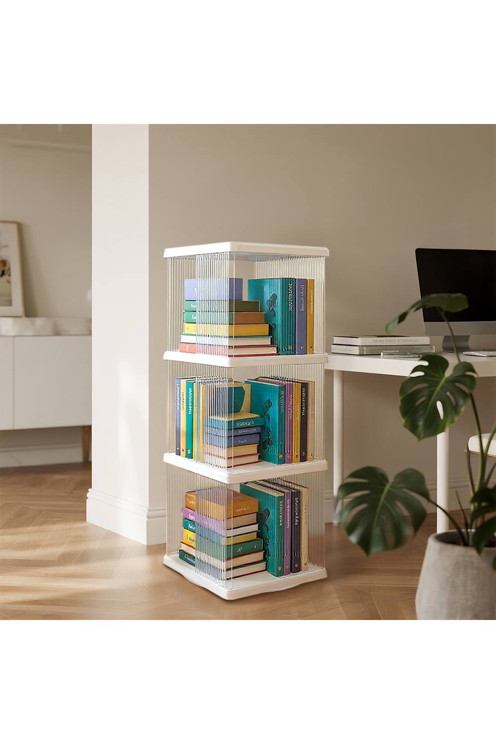 Living And Home -Degree Rolling Plastic Rotating Bookshelf Movable Spinning Bookcase In White
