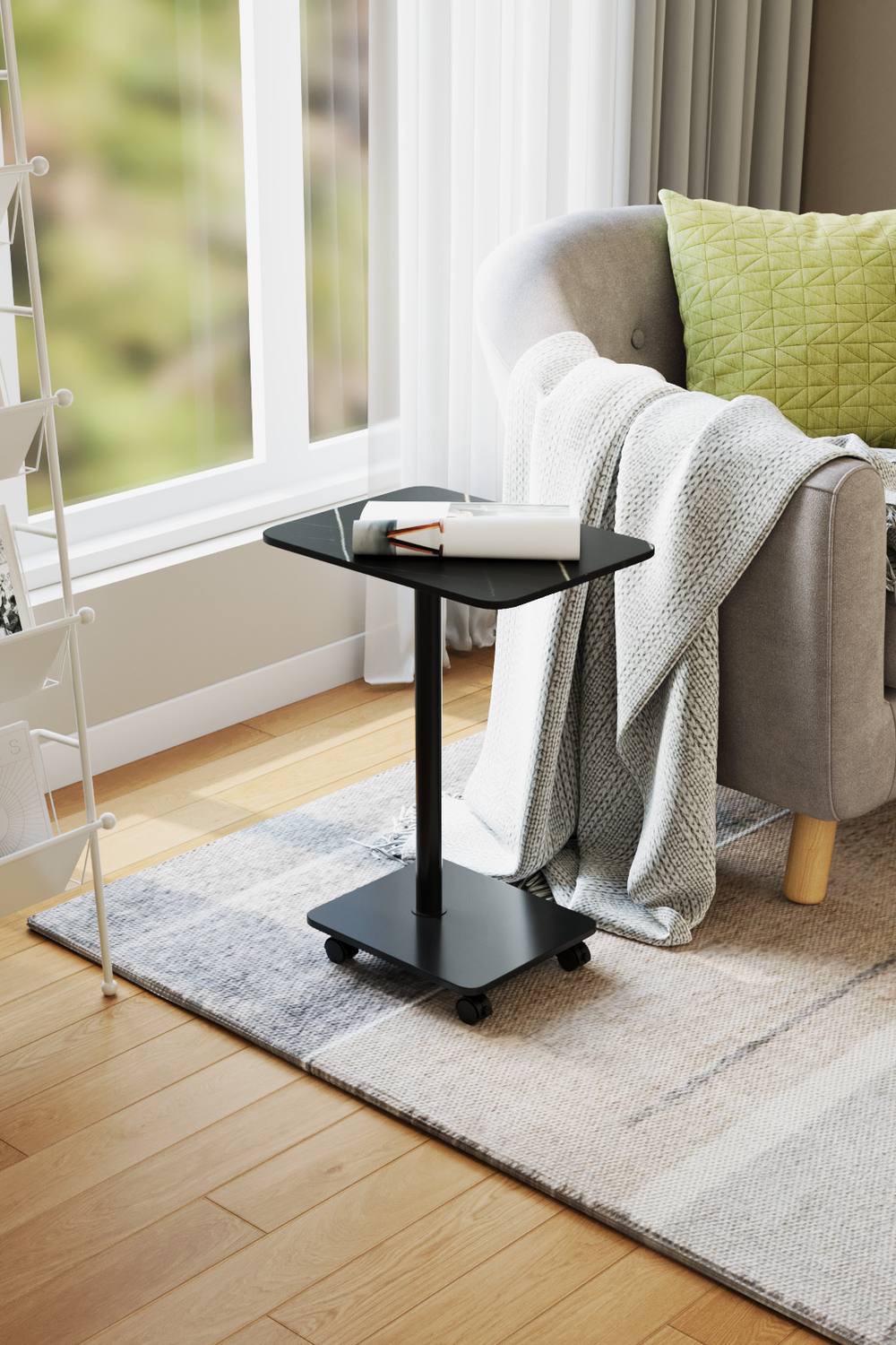 Living And Home Modern Minimalist C Shaped Side Table With Lockable Wheels In Black