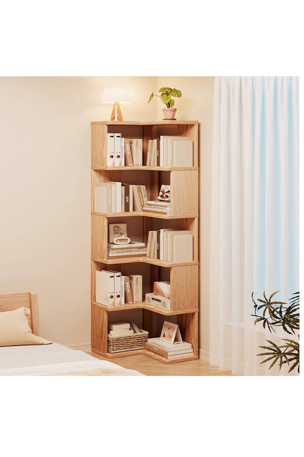 Living And Home -Tier L-Shaped Corner Bookshelf Wooden Storage Rack Bookcase Holder Organizer In Natural
