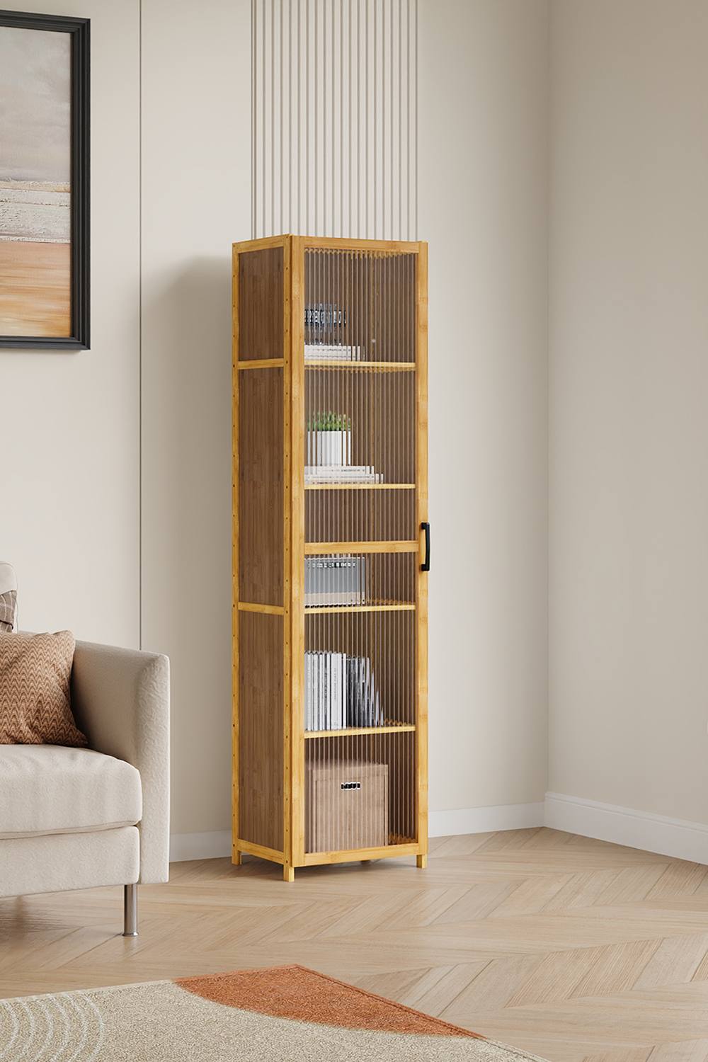Living And Home -Tier Narrow Bookcase Storage Cabinet With Acrylic Door In Beige