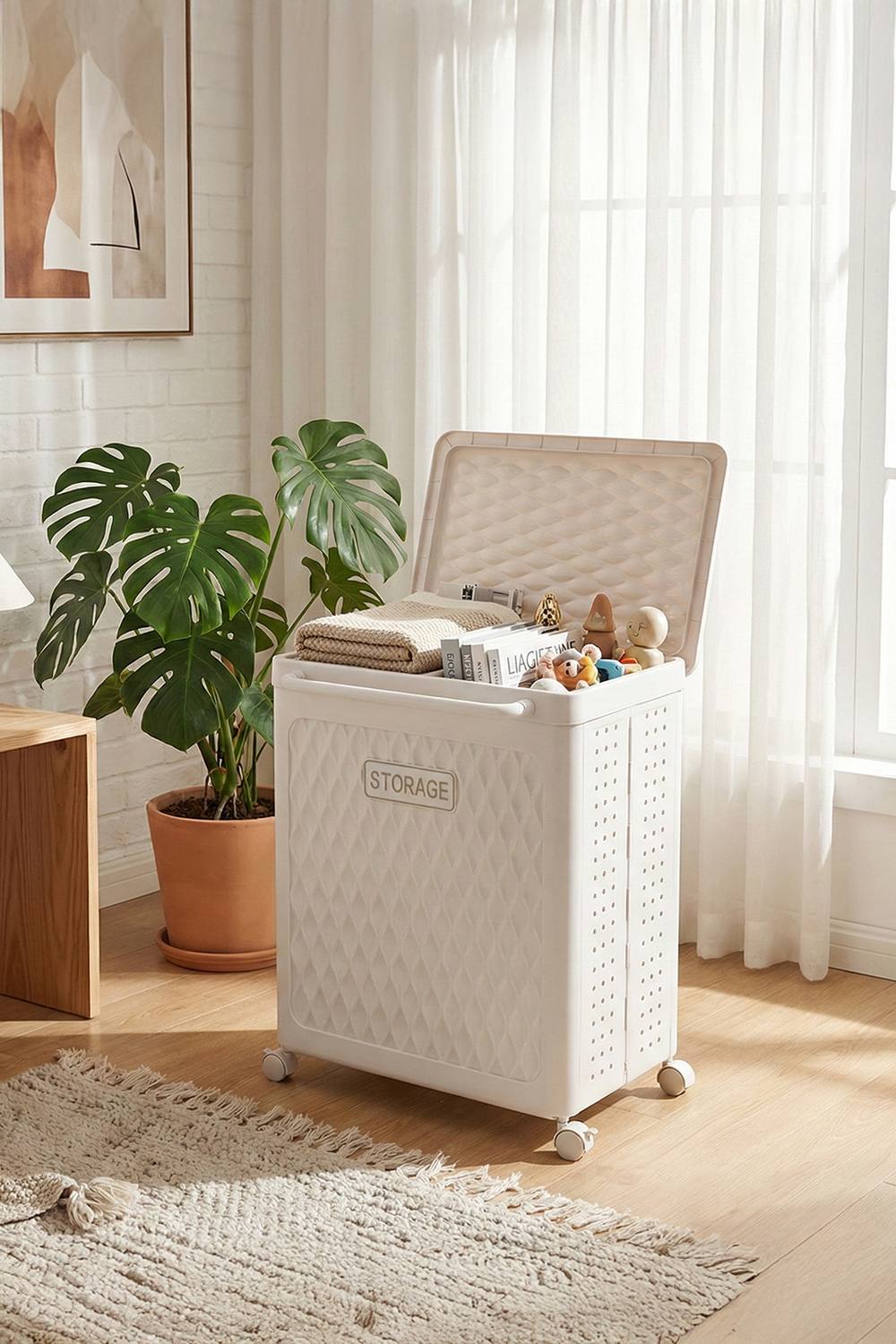 Living And Home Foldable -Section Laundry Basket With Casters In White