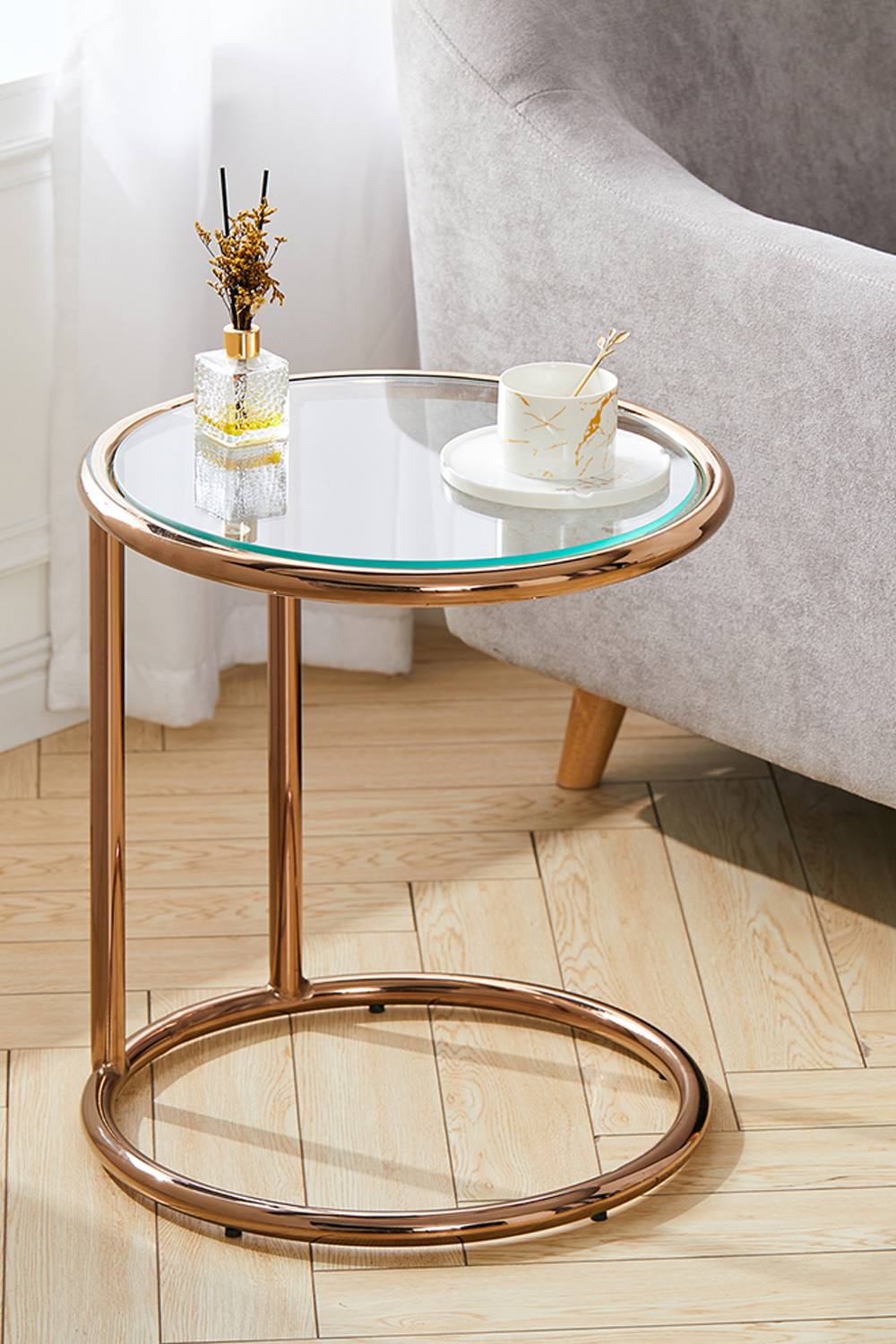 Living And Home Clear Tempered Glass Round Side Table With Metal Base In Rose Gold