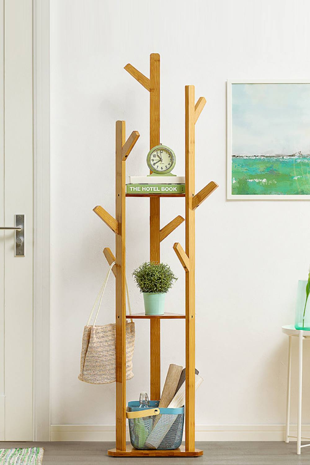 Living And Home Wooden Coat Stand Rack Hooks Corner Clothes Hanger Holder -Tier Storage Shelf Garment Rack In Brown