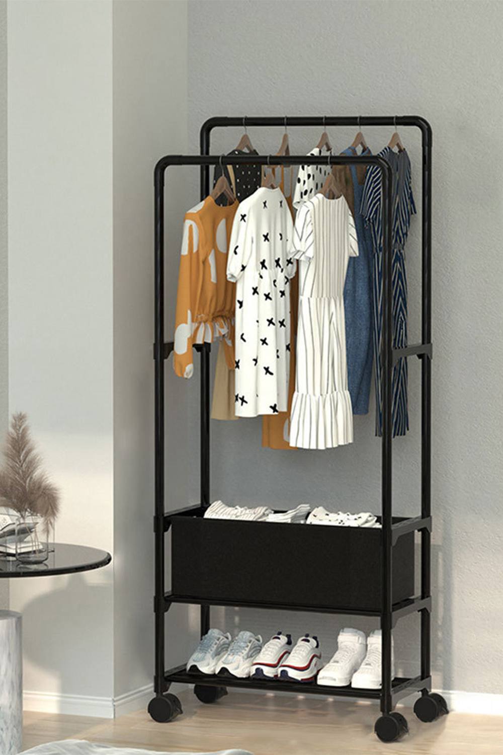 Living And Home Rod Multi-Functional Clothes Rack Garment Rack With Laundry Basket Bedroom Coat Holder In Black