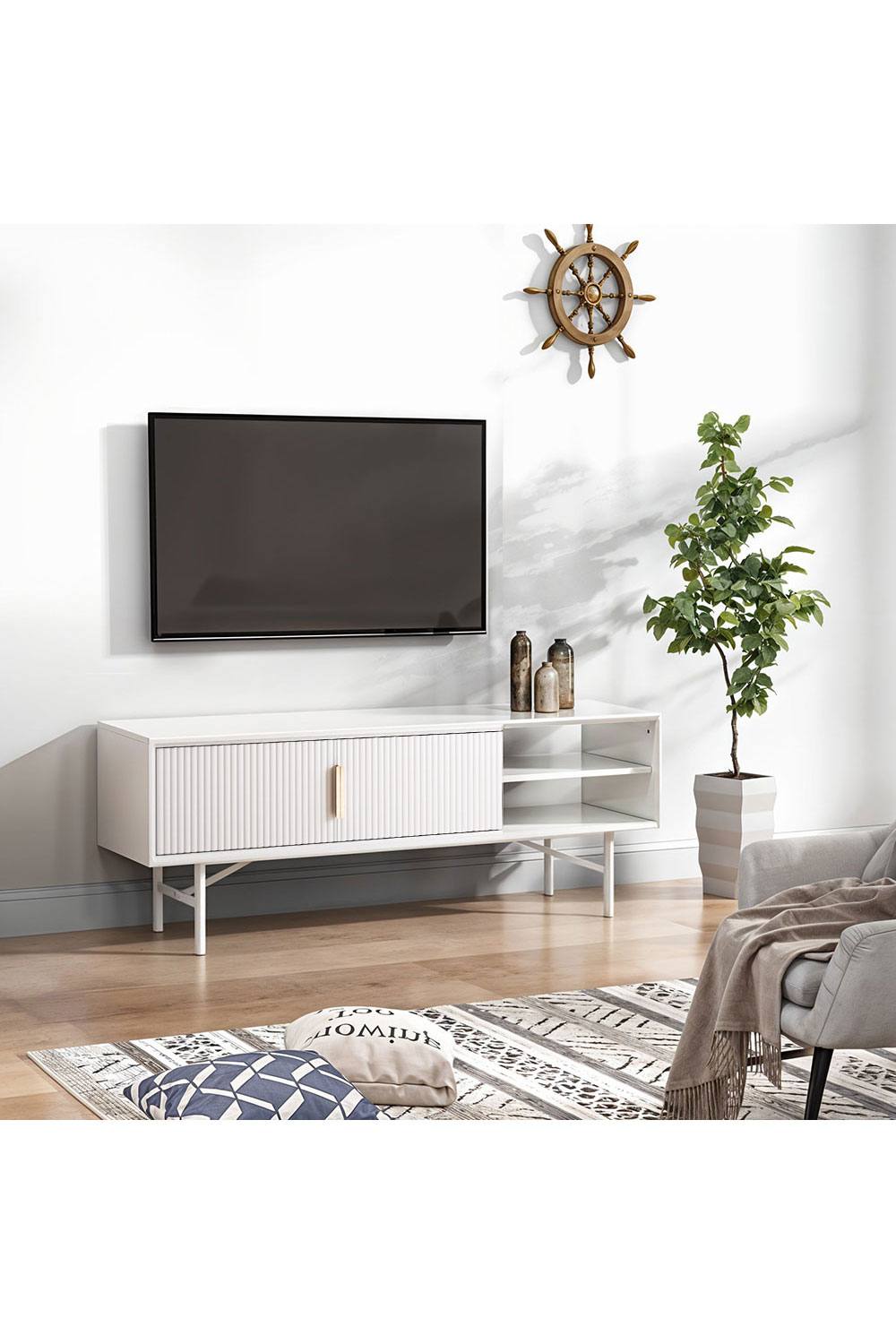 Living And Home White Striped Wooden Tv Stand