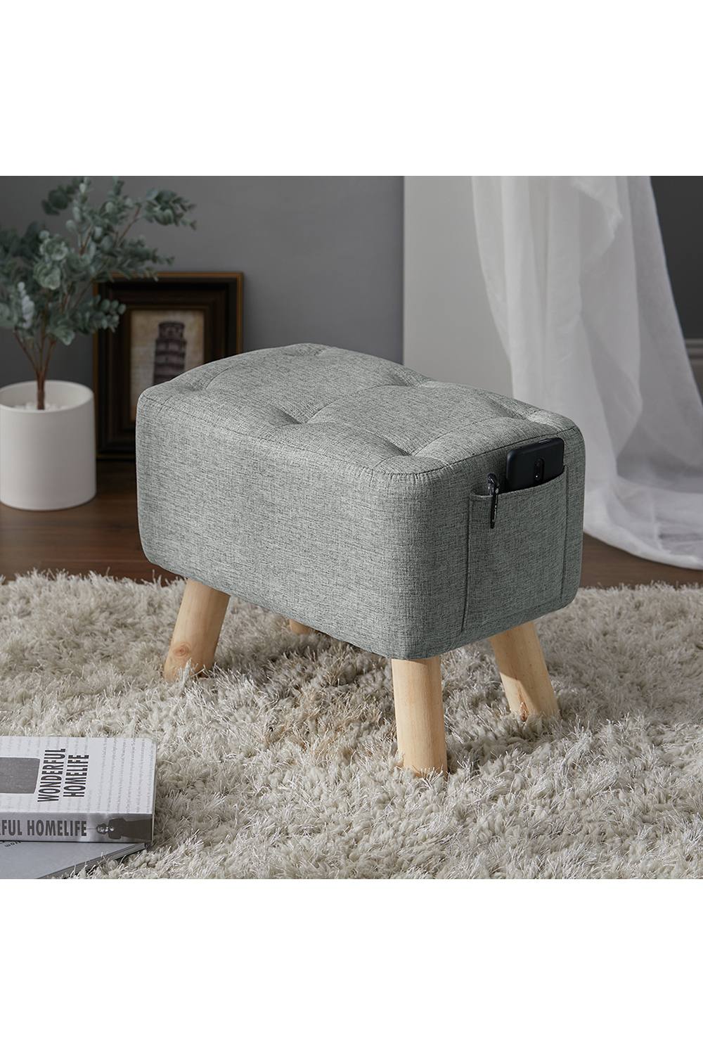 Living And Home Grey Linen Fabric Footstool Pouffe Ottoman With Pocket