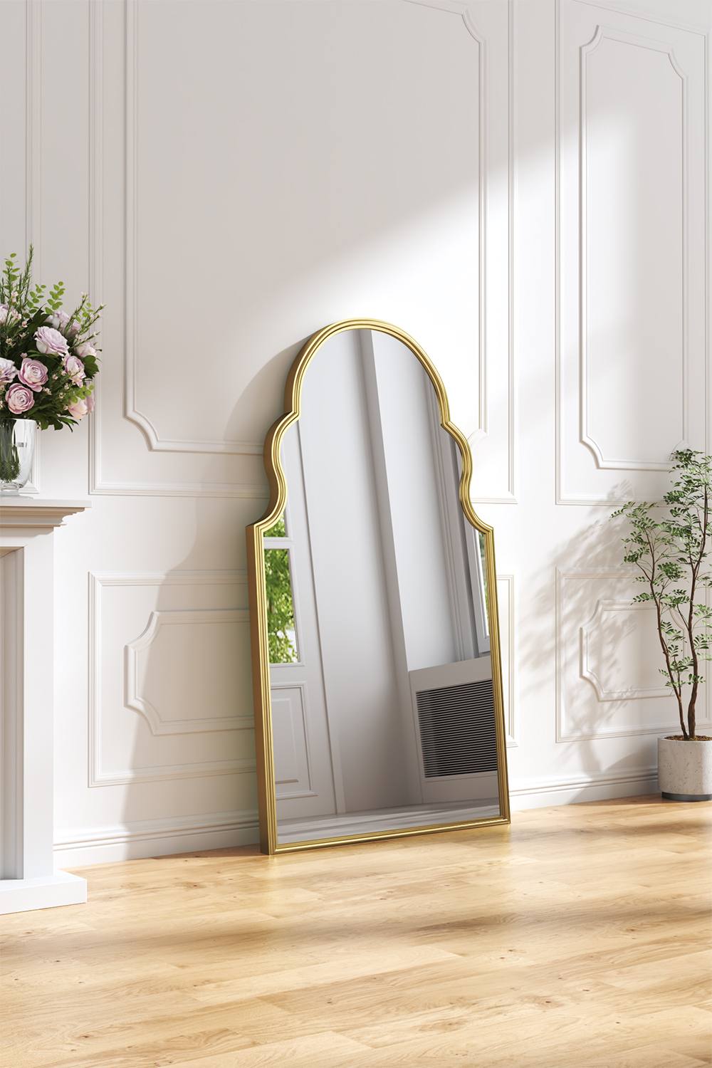 Living And Home Cm W X Cm H Irregular Wall Mirror Curved Top Metal Frame Art Deco Makeup Mirror Hanging Or Leaning In Gold