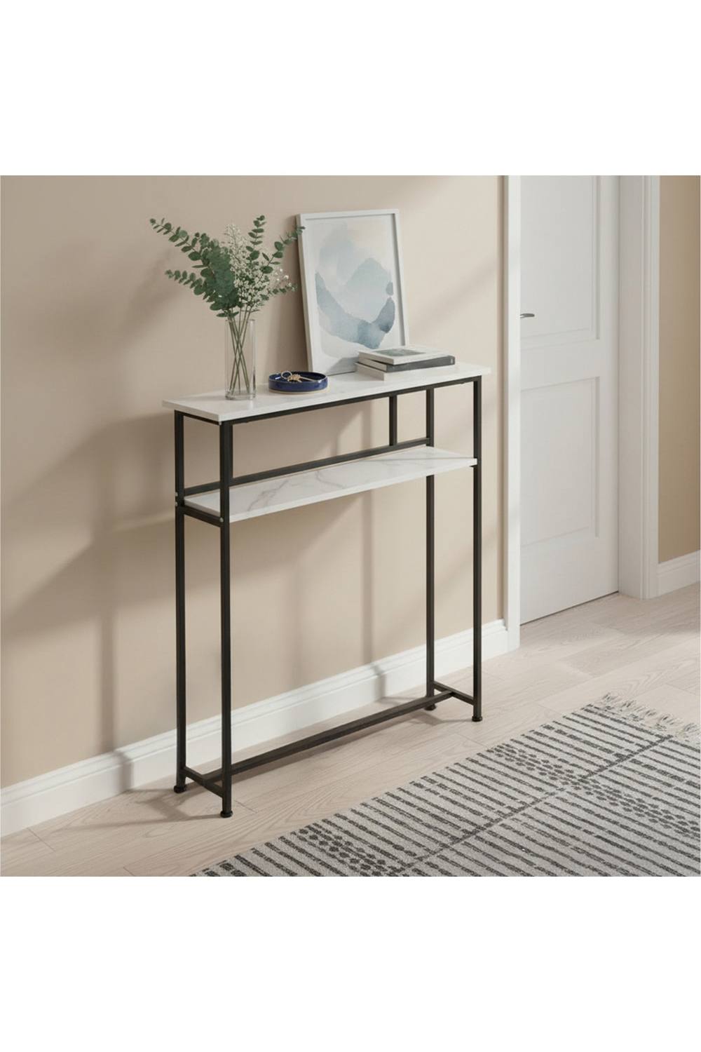 Living And Home -Tier Narrow Marble-Effect Console Table In White