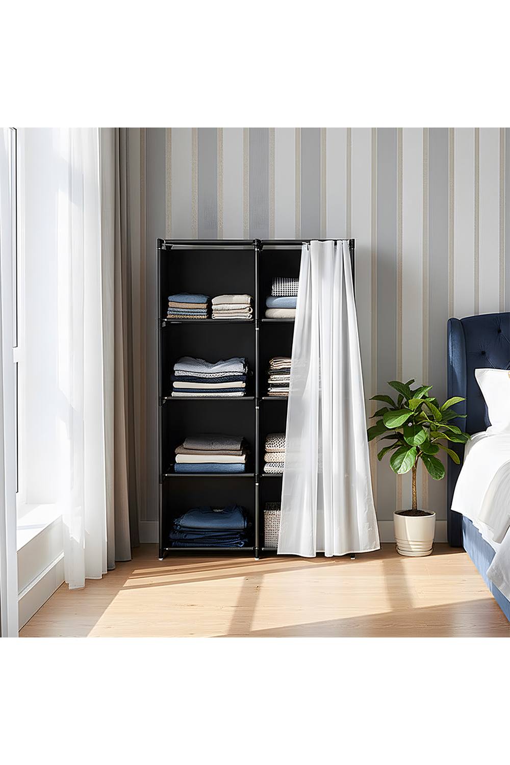 Living And Home Multi-Tier Portable Wardrobe Storage Shelf With Curtain In Black