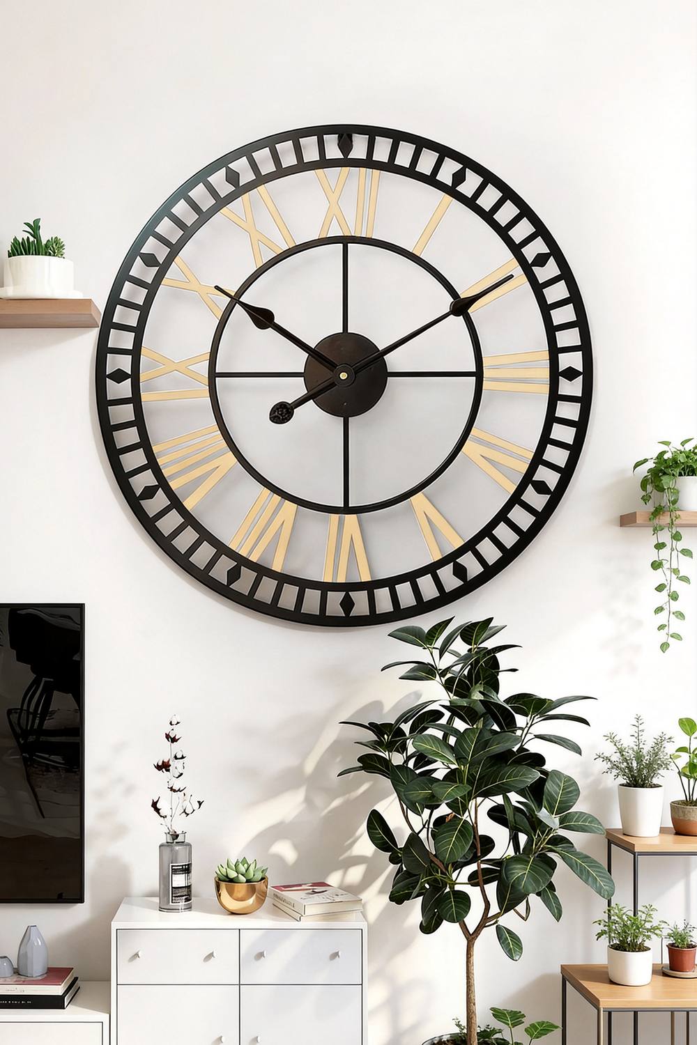 Living And Home Cm Dia Black Frame Gold Roman Numeral Hollow Scale Wall Clock