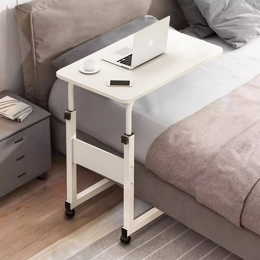 Living And Home Height Adjustable Mobile Table Overbed Desk With Wheels In White