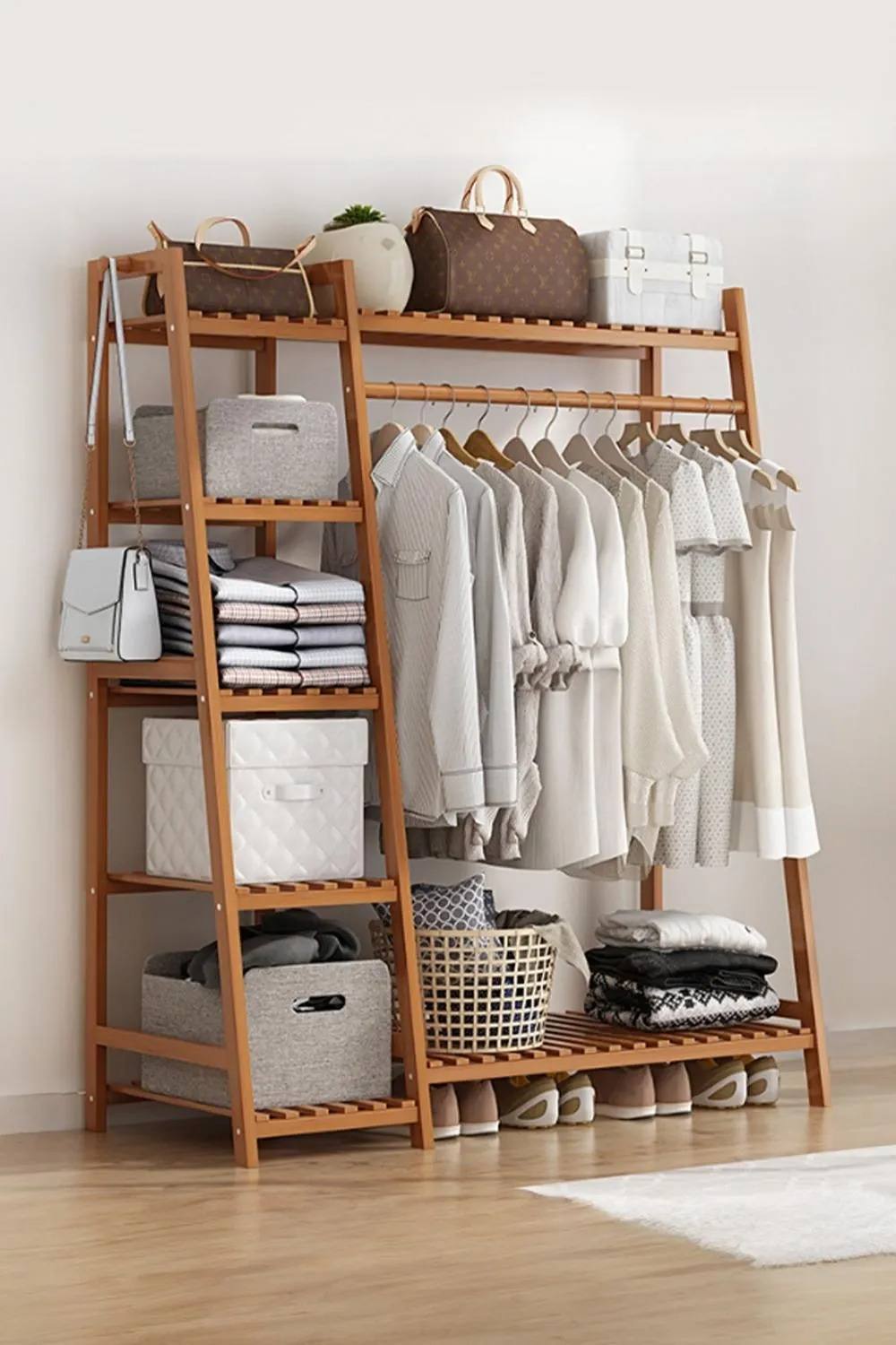 Living And Home Bamboo Clothing Garment Rack Tier Storage Shelf Coat Clothes Hanging Rack In Brown