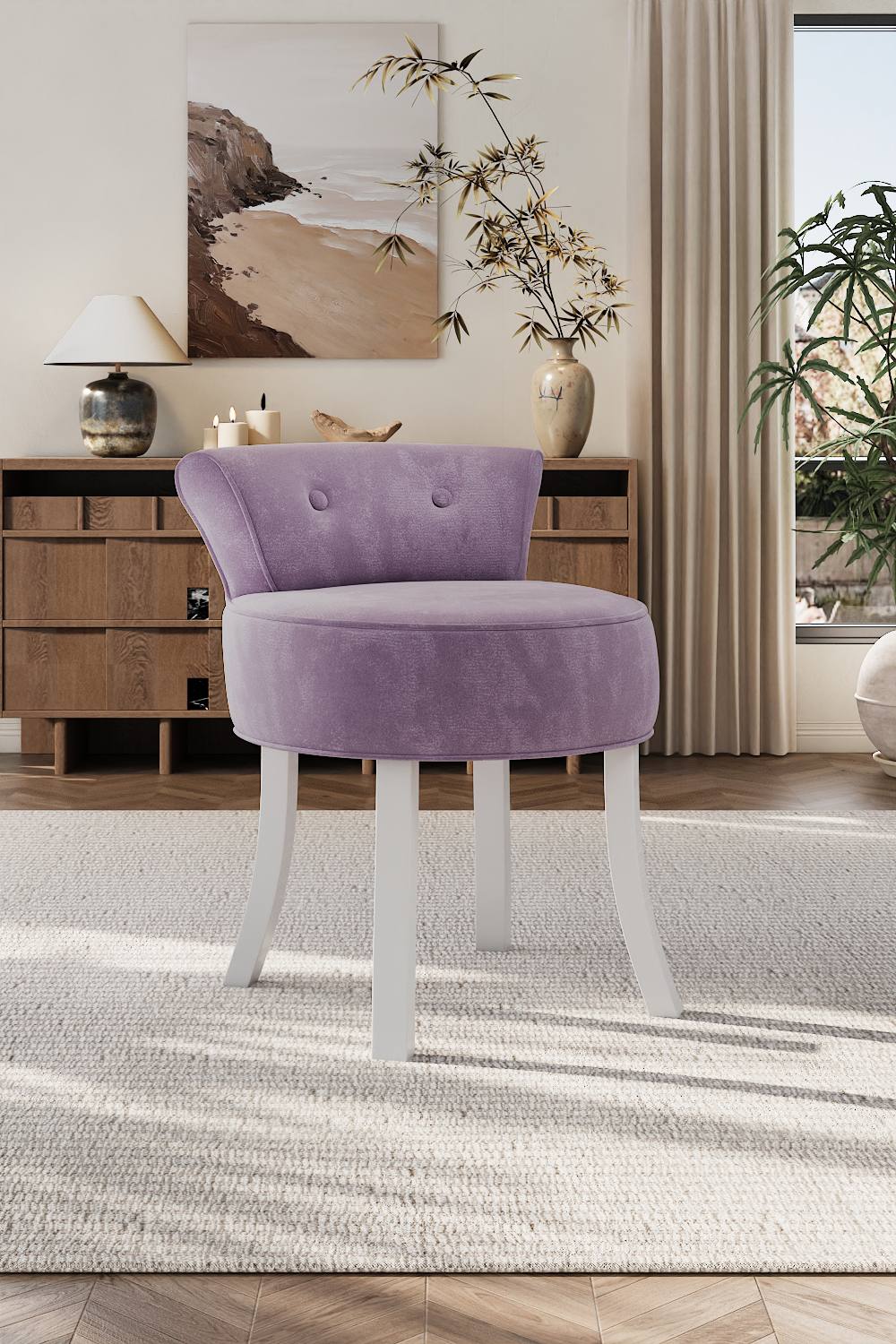 Living And Home Purple Velvet Make Up Chair Dressing Footstool With White Legs
