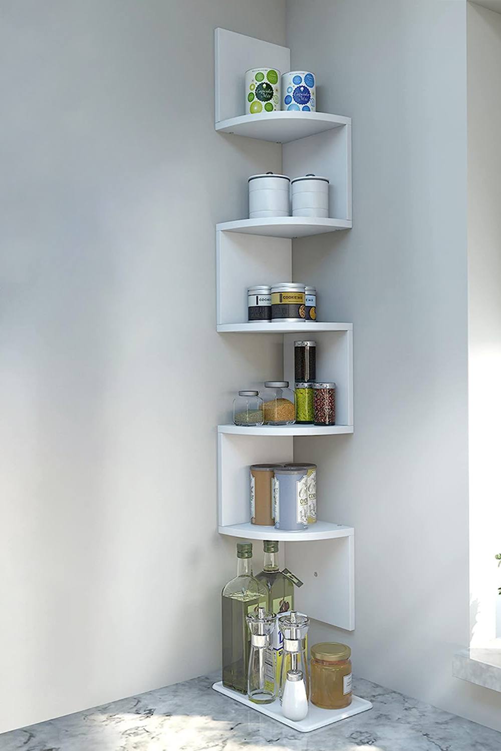 Living And Home Tier Corner Bookcase Wooden Zigzag Floating Corner Bookshelf In White