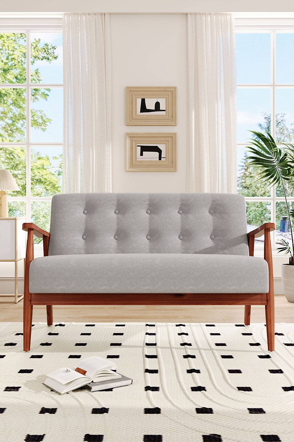 Living And Home Solid Wooden Frame Upholstered Tufted Sofa In Grey