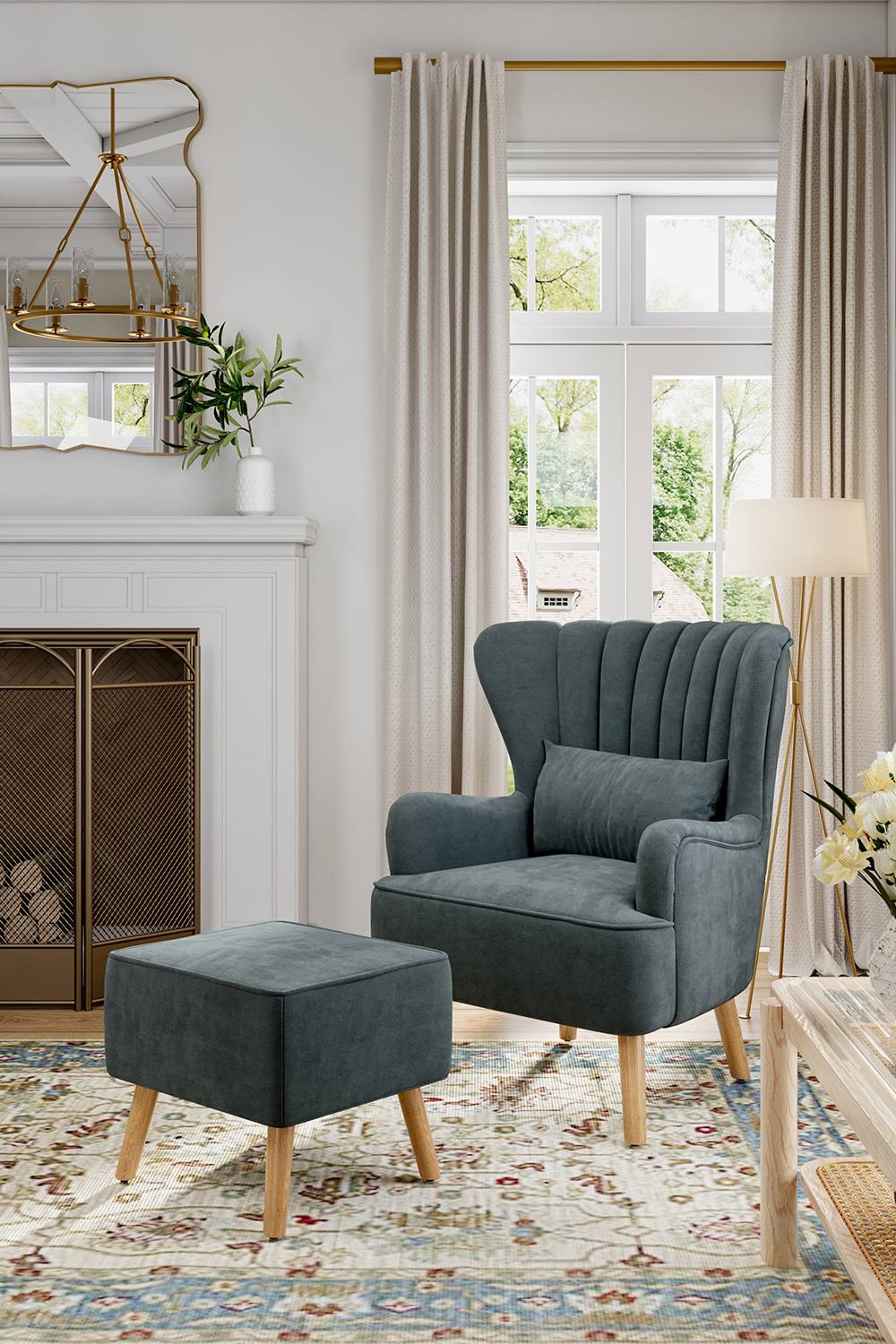 Living And Home Grey Brushed Fabric Stripe Curved Backrest Armchair With Footstool & Cushion