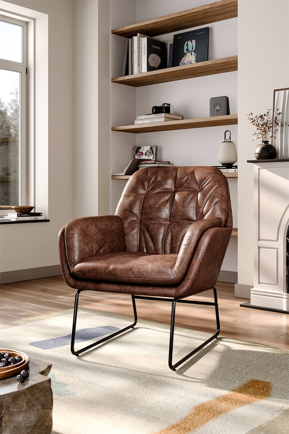 Living And Home Vintage Pu Leather Tufted Leisure Armchair With Metal Legs In Brown